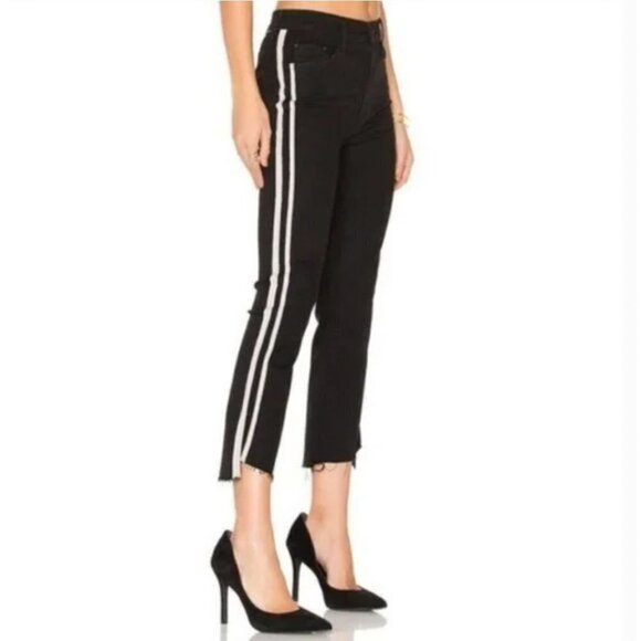 Mother The Insider High-Rise Crop Step Fray Guilty Racer Stripe Jeans Black Size